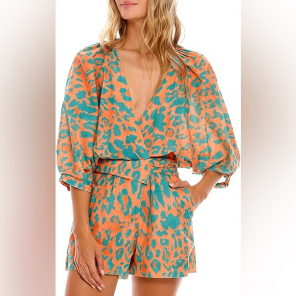 Agua Bendita orange green elastic waist v neck unlined Romper Size Medium - Picture 8 of 8